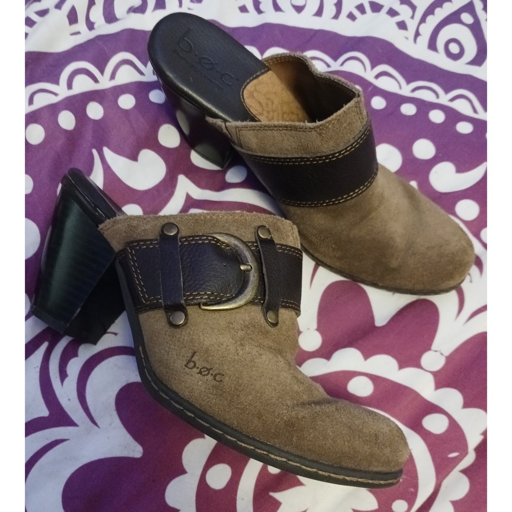 b.ø.c. Born Brown Suede‎ Genuine Leather Buckled Heeled Clogs Mules, Size 6